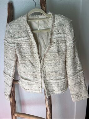 Truth and Pride Cream Lace Embroidred Fringe Crochet Cotton Boho Jacket Medium